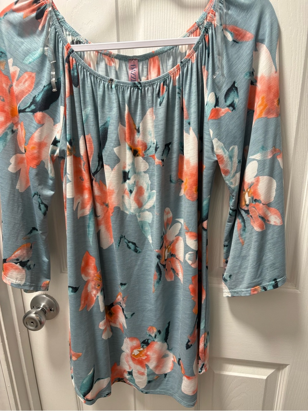 Floral Elastic Round  Blouse in Dusty Blue and Coral